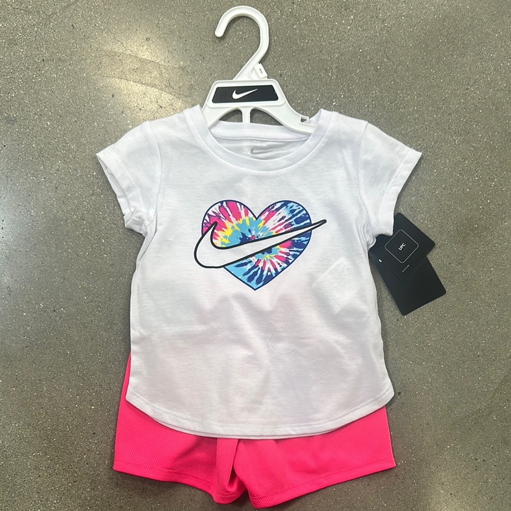 Nike Kids White Tee with Tie-Dye Heart and Pink Shorts